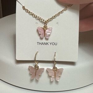 Pink butterfly earring and necklace set